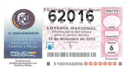 Décimo 62016 del sorteo 100-13/12/2025 Sábado