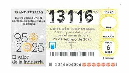 Décimo 13116 del sorteo 16-21/02/2026 Sábado