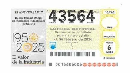 Décimo 43564 del sorteo 16-21/02/2026 Sábado
