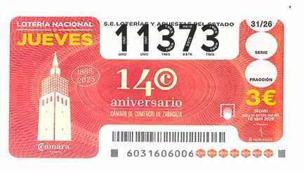 Décimo 11373 del sorteo 31-16/04/2026 Jueves