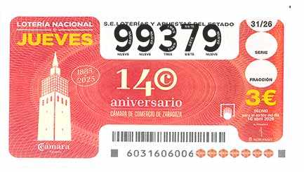 Décimo 99379 del sorteo 31-16/04/2026 Jueves