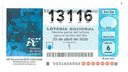 Décimo 13116 del sorteo 34-25/04/2026 Sábado