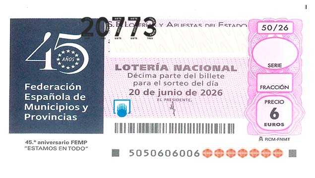 Décimo 20773 del sorteo 50-20/06/2026 Sábado