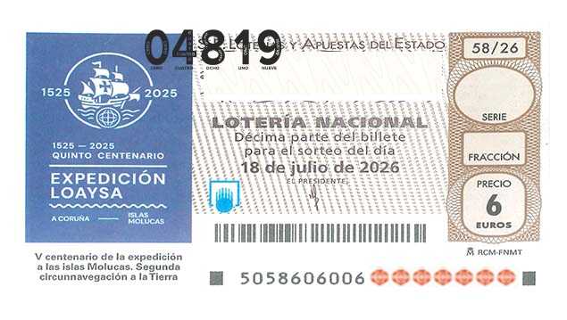 Décimo 04819 del sorteo 58-18/07/2026 Sábado