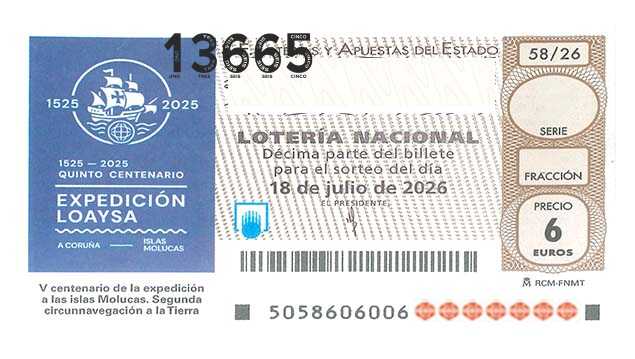 Décimo 13665 del sorteo 58-18/07/2026 Sábado