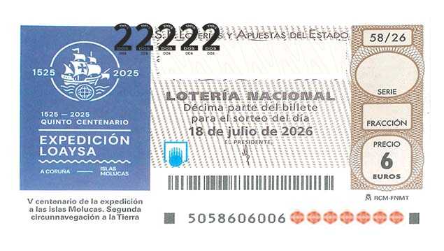 Décimo 22222 del sorteo 58-18/07/2026 Sábado