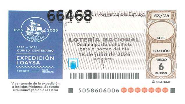 Décimo 66468 del sorteo 58-18/07/2026 Sábado