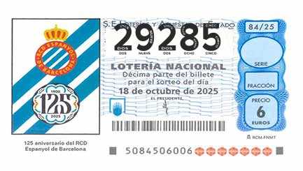Décimo 29285 del sorteo 84-18/10/2025 Sábado