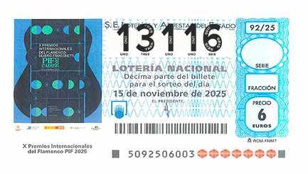 Décimo 13116 del sorteo 92-15/11/2025 Sábado