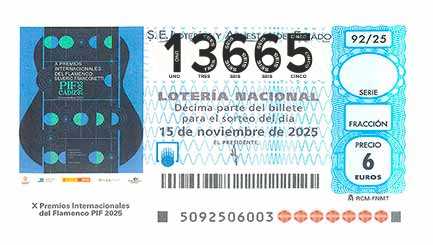 Décimo 13665 del sorteo 92-15/11/2025 Sábado